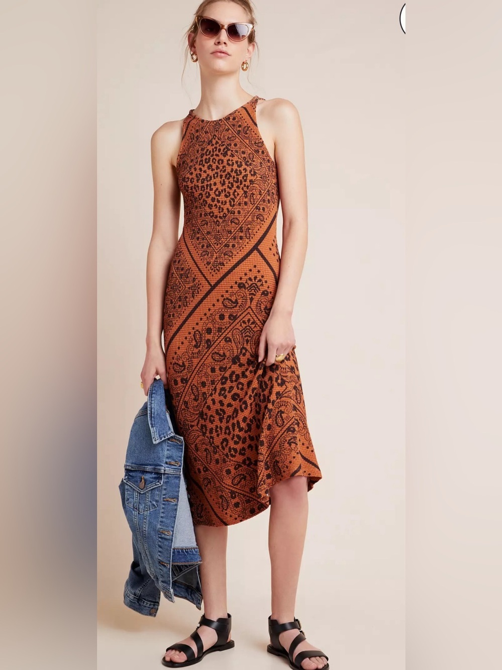 Farm rio knit ruched midi dress paisley leopard pattern tan black size small